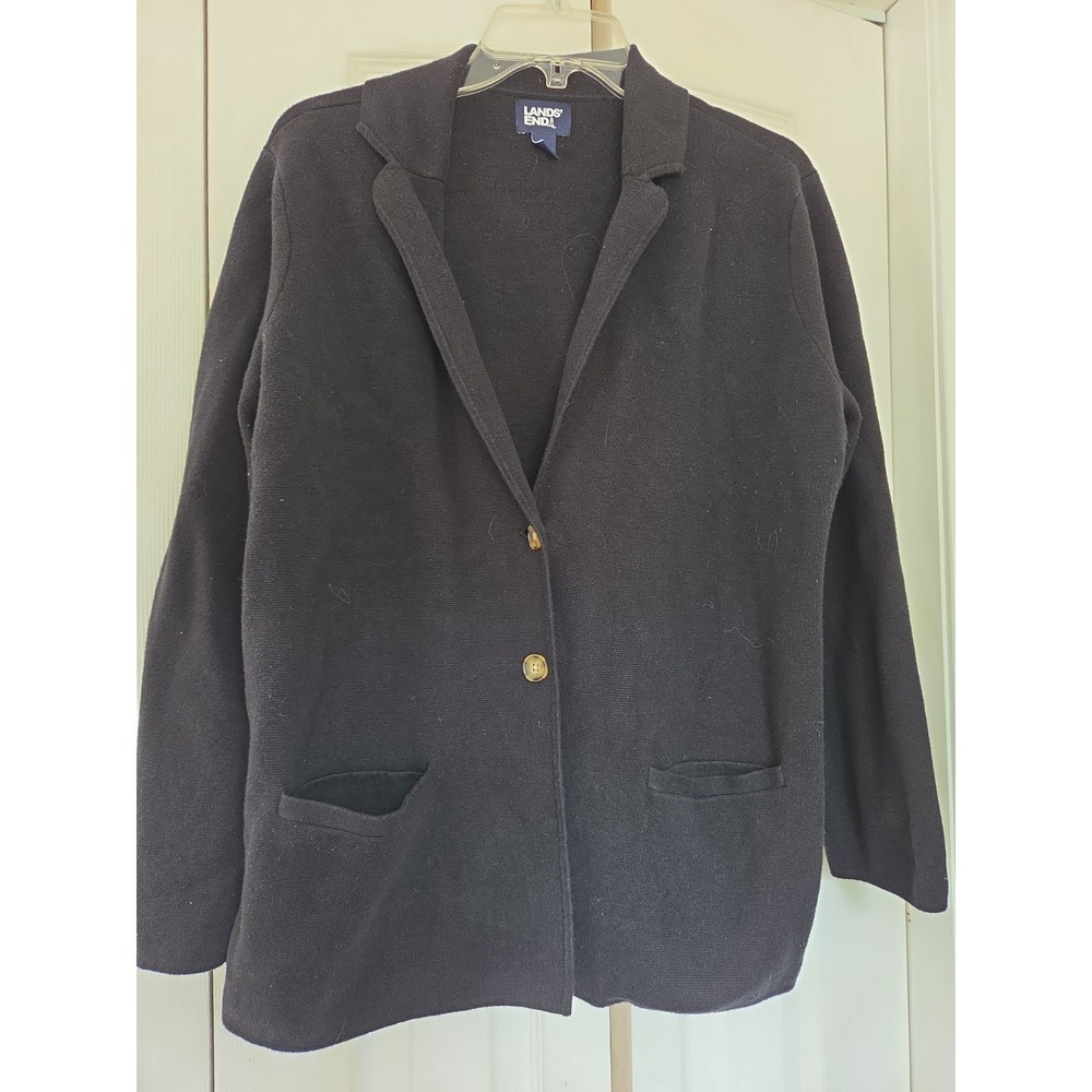 Lands End Blazer Jacket Womens Med 10-12 Black Knit Single Button Pockets Casual